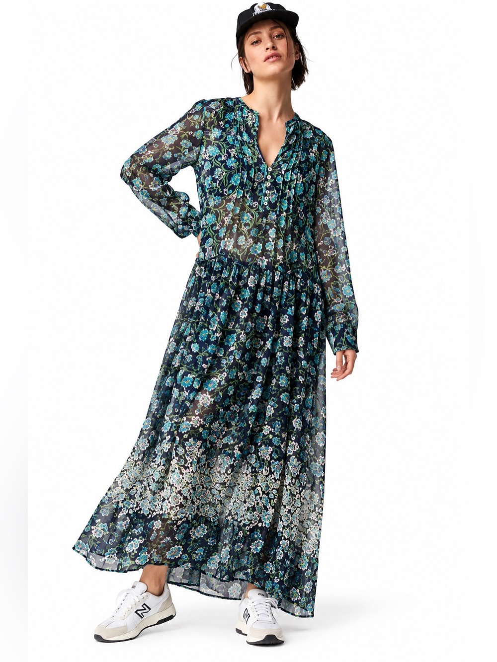 Free People Teal and Navy Floral Sheer Maxi Dress